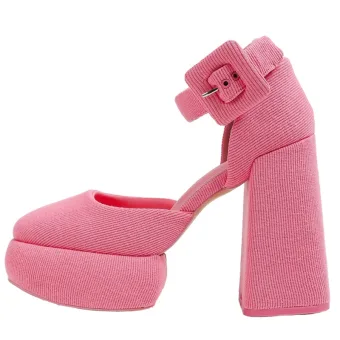 Lovely Candy Pink Evening Party Ankle Strap Womens Sandals 2024 12 Cm Thick Heels Round Toe Sandals High Heels
