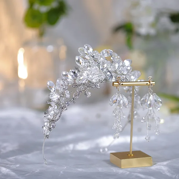 Charmant Argenté Fait main Faux Diamant Cristal Accessoire Cheveux Mariage Tiare Boucles D'Oreilles 2023 Alliage