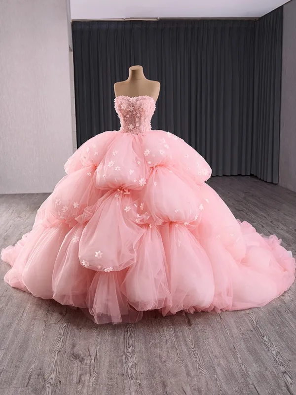 High-end Herlig Rødmende Rosa Gripende Ruffles Perle Appliques Brudekjoler 2024 Ballkjole Kjæreste Uten Ermer Ryggløse Domstol Tog Ball