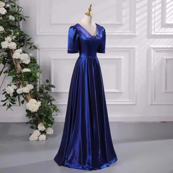 Vintage / Retro Royal Blue Prom Dresses 2024 A-Line / Princess V-Neck Short Sleeve Backless Floor-Length / Long Prom Formal Dresses