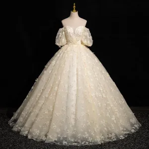 Chic Beautiful Champagne Pearl Appliques Prom Dresses 2024 Ball Gown Off The Shoulder Short Sleeve Backless Floor Length Long Prom Formal Dresses