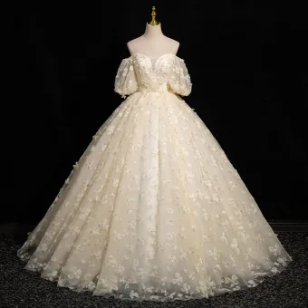 Chic Beautiful Champagne Pearl Appliques Prom Dresses 2024 Ball Gown Off The Shoulder Short Sleeve Backless Floor Length Long Prom Formal Dresses