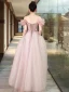 Chic / Beautiful Blushing Pink Beading Appliques Prom Dresses 2024 A-Line / Princess Off-The-Shoulder Short Sleeve Backless Floor-Length / Long Prom Formal Dresses
