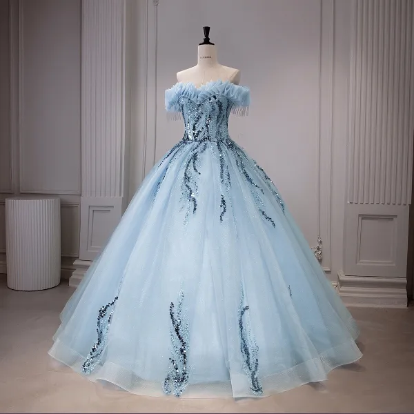 High-end Sky Blue Beading Pearl Sequins Tassel Prom Dresses 2026 Ball Gown Off-The-Shoulder Sleeveless Backless Floor-Length / Long Formal Dresses