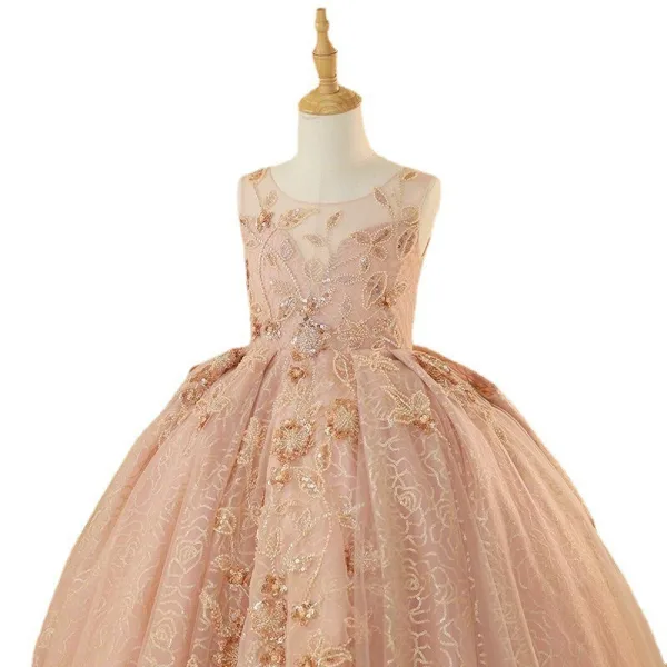 Chic / Beautiful Champagne Beading Sequins Birthday Flower Girl Dresses 2024 Ball Gown Scoop Neck Sleeveless Backless Floor-Length / Long