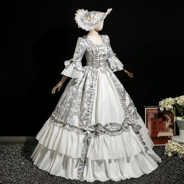 Vintage / Retro Medieval Ivory Printing Bow Prom Dresses 2025 Ball Gown Square Neckline Bell sleeves Floor-Length / Long Prom Formal Dresses