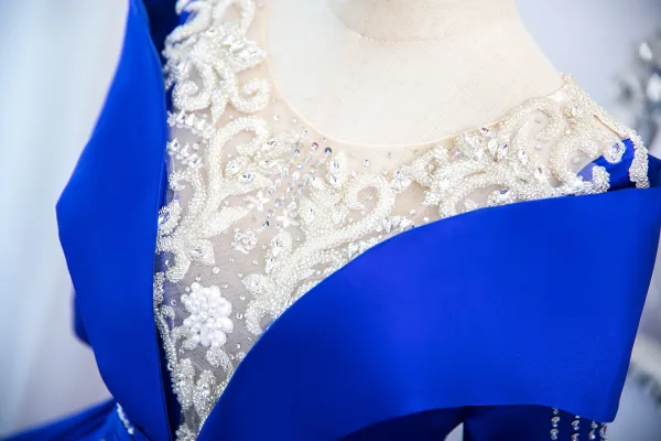 Vintage / Retro Royal Blue Beading Rhinestone Sequins Prom Dresses 2024 Organza Ball Gown Scoop Neck Short Sleeve Floor-Length / Long Prom Formal Dresses
