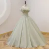 Modest / Simple Sage Green Prom Dresses 2022 Ball Gown Ruffle Off-The-Shoulder Short Sleeve Backless Floor-Length / Long Prom Formal Dresses