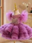 Chic / Beautiful Lilac Cascading Ruffles Pearl Birthday Flower Girl Dresses 2023 Ball Gown Scoop Neck Short Sleeve Backless Short