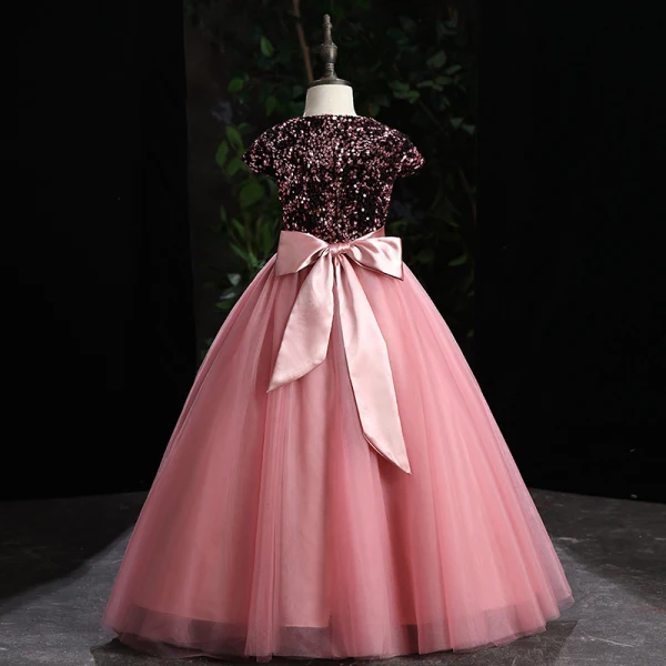 Lovely Candy Pink Sequins Birthday Flower Girl Dresses Ball Gown 2022 Scoop Neck Sash Bow Sleeveless Floor-Length / Long Flower Girl Dresses