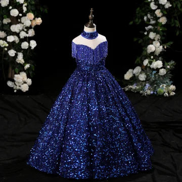 Scintillantes Bleu Marine Perlage Gland Paillettes Anniversaire Robe Ceremonie Fille 2024 Robe Boule Col Haut Sans Manches Longue