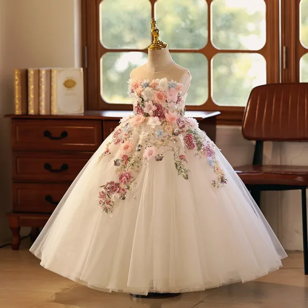 Flower Fairy White Beading Pearl Sequins Lace Flower Appliques Birthday Flower Girl Dresses 2025 Ball Gown Strapless Sleeveless Floor-Length / Long Tulle