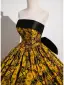 Vintage / Retro Black Gold Printing Prom Dresses 2025 Ball Gown Strapless Sleeveless Backless Bow Sweep Train Prom Formal Dresses