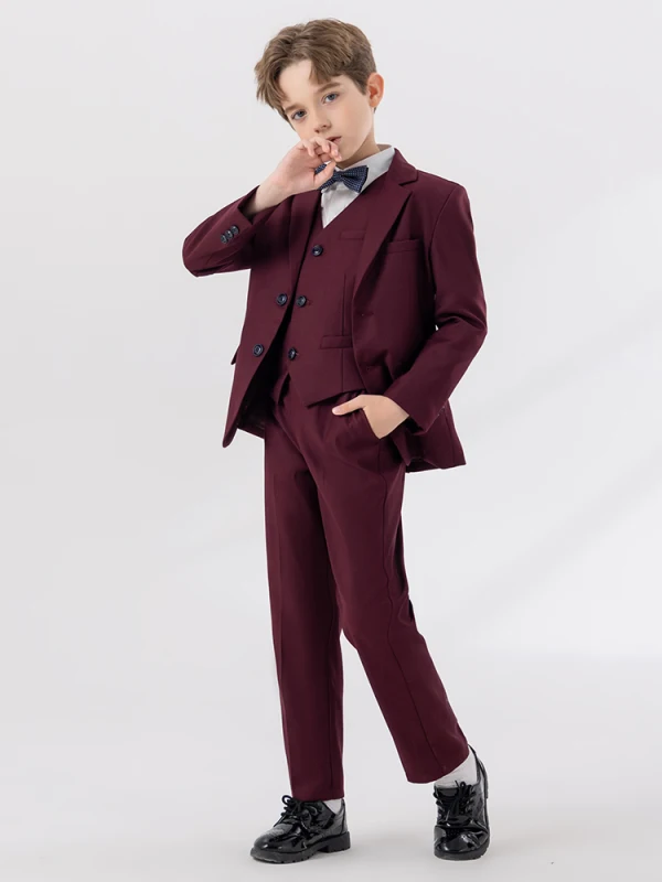 Bordeaux 5 pièces Manches Longues Costume Garçon Mariage 2024 Manteau Pantalon Chemise Cravate Gilet