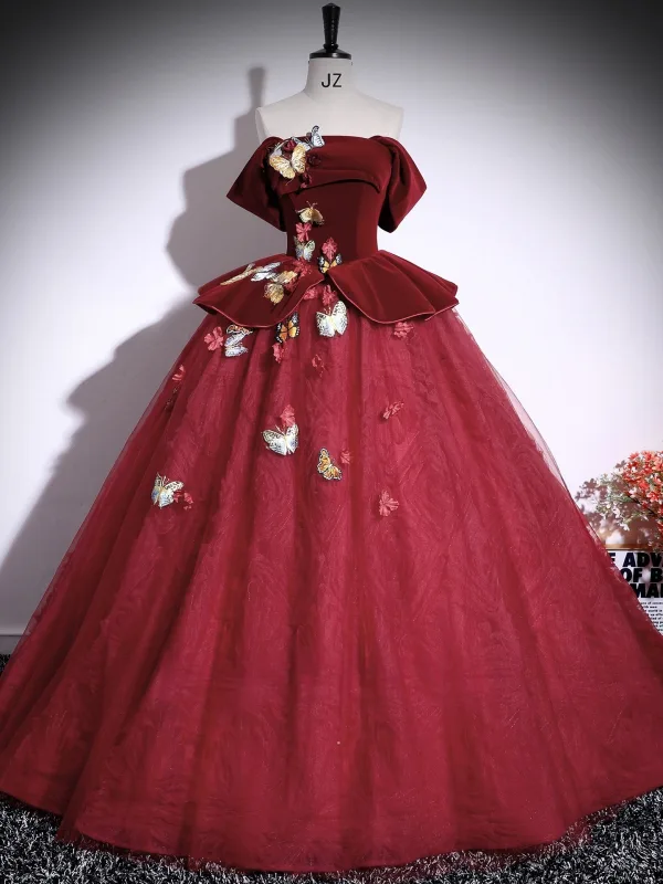 Vintage / Retro Burgundy Lace Butterfly Appliques Prom Dresses 2025 Ball Gown Off-The-Shoulder Short Sleeve Backless Floor-Length / Long Formal Dresses