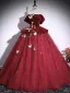 Vintage / Retro Burgundy Lace Butterfly Appliques Prom Dresses 2025 Ball Gown Off-The-Shoulder Short Sleeve Backless Floor-Length / Long Formal Dresses