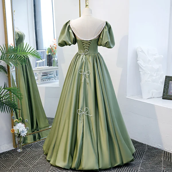 Vintage / Retro Sage Green Princess Prom Dresses 2021 Crossed Straps Backless Beading Pearl Floor-Length / Long Satin Scoop Neck Dancing Homecoming Short Sleeve Evening Dresses
