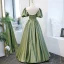 Vintage / Retro Sage Green Princess Prom Dresses 2021 Crossed Straps Backless Beading Pearl Floor-Length / Long Satin Scoop Neck Dancing Homecoming Short Sleeve Evening Dresses