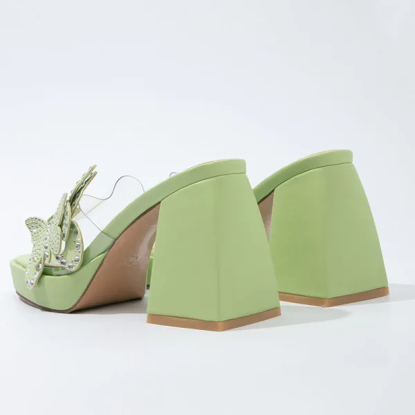 Mode Transparent Vert Cendré Vêtement de rue Faux Diamant Papillon Sandales Femme 2022 9 cm Talons Épais Peep Toes / Bout Ouvert Sandales Talons Hauts