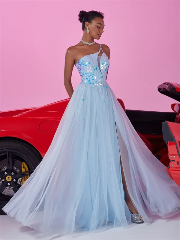 Sexy Himmelblau Pailletten Gespaltete Front Ballkleider 2025 A Linie One-Shoulder Ärmellos Rückenfreies Lange Festliche Kleider