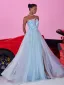 Sexy Himmelblau Pailletten Gespaltete Front Ballkleider 2025 A Linie One-Shoulder Ärmellos Rückenfreies Lange Festliche Kleider