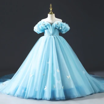 Cendrillon Bleu Perlage En Dentelle Papillon Anniversaire Robe Ceremonie Fille 2022 Robe Boule Encolure Dégagée Gonflée Manches Courtes Dos Nu Tribunal Train Robe Ceremonie Fille