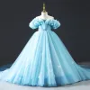 Cinderella Pool Blue Beading Lace Butterfly Birthday Flower Girl Dresses 2022 Ball Gown Scoop Neck Puffy Short Sleeve Backless Court Train Flower Girl Dresses