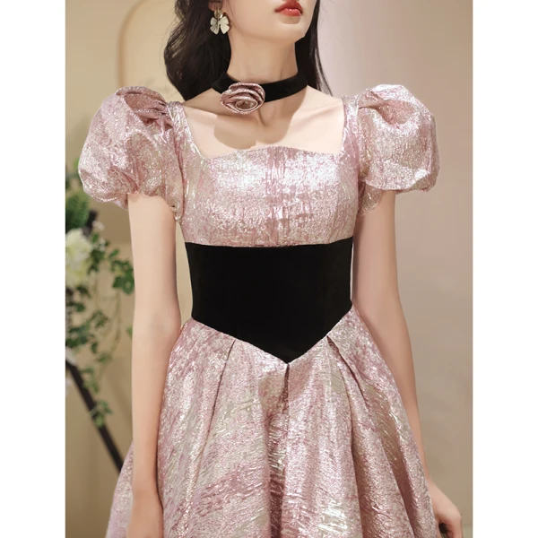 Fashion Blushing Pink Glitter Prom Dresses 2023 A-Line / Princess Square Neckline Puffy Short Sleeve Backless Bow Floor-Length / Long Formal Dresses