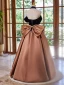 Elegant Brown Satin Prom Dresses 2024 Ball Gown Off-The-Shoulder Short Sleeve Backless Bow Floor-Length / Long Prom Formal Dresses