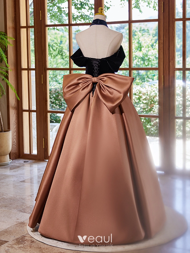 brown dresses formal Brown Satin Long A-Line Prom Dress, Off the Shoulder Evening Party Dre