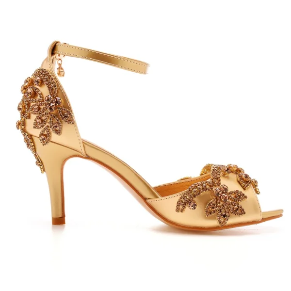 Charmant Schwarz Abend Strass Sandalen Damen 2023 Knöchelriemen 7 cm Stilettos Spitzschuh Sandaletten Hochhackige