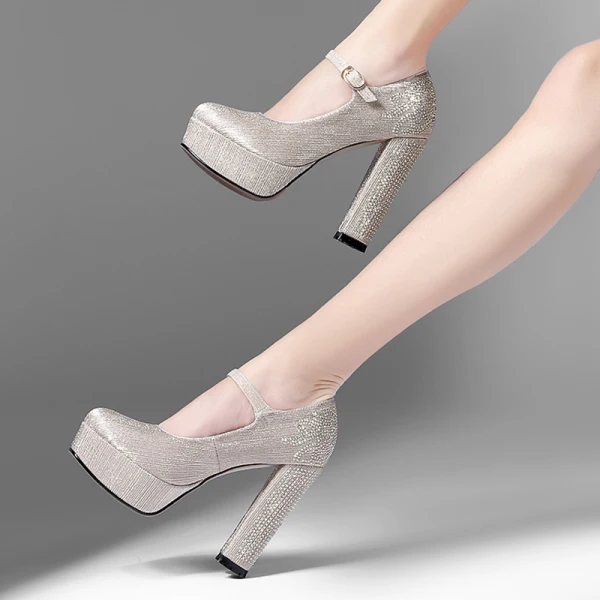Unusual Silver Cocktail Party Rhinestone Pumps 2023 Leather 12 cm Thick Heels Round Toe Pumps High Heels