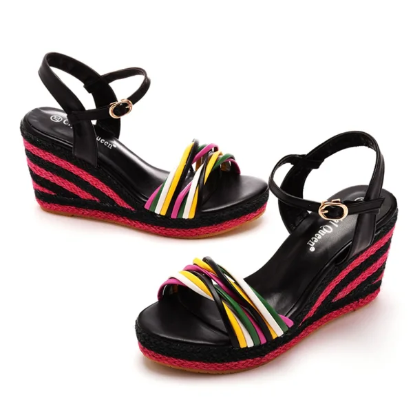 Bohême Noire Été Vêtement de rue Tresser Sandales Femme 2023 Bride Cheville 9 cm Compensées Peep Toes / Bout Ouvert Sandales