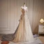 Sexy Champagne Perlage Perle Paillettes Robe De Soirée 2023 Princesse Titulaire Sans Manches Dos Nu Noeud Train De Balayage Soirée Robe De Ceremonie