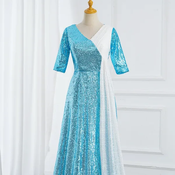 Vintage / Originale Bleu Roi Paillettes Robe De Bal 2025 Trompette / Sirène V-Cou Manches Courtes Longue Promo Robe De Ceremonie