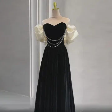 Chic Belle Noire Perle Velours Robe De Bal 2024 Princesse De L Épaule Gonflée Manches Courtes Dos Nu Longue Promo Robe De Ceremonie
