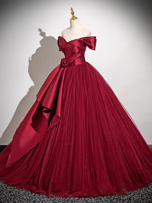 Elegant Burgundy Tulle Prom Dresses 2025 Ball Gown Off-The-Shoulder Short Sleeve Floor-Length / Long Prom Formal Dresses