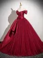 Elegant Burgundy Tulle Prom Dresses 2025 Ball Gown Off-The-Shoulder Short Sleeve Floor-Length / Long Prom Formal Dresses