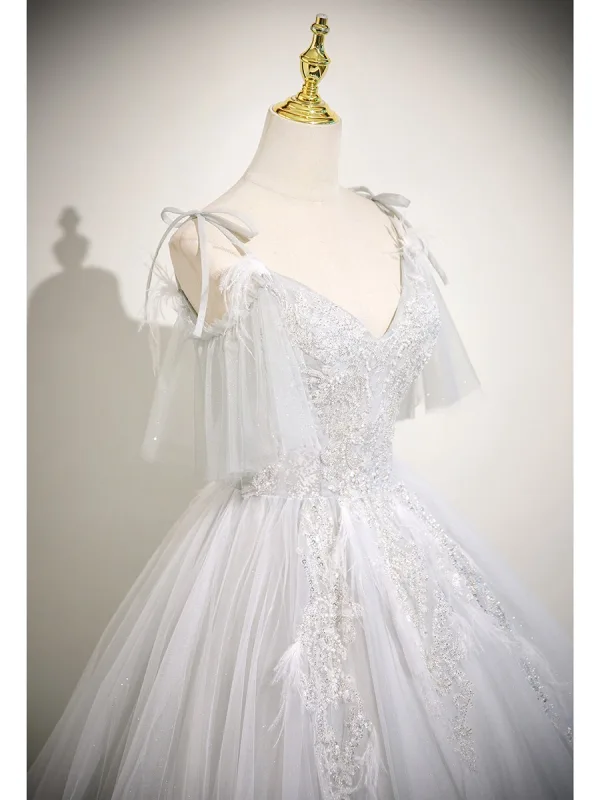 Charmant Blanche Perlage Paillettes Robe De Bal 2025 Robe Boule Bretelles Spaghetti Sans Manches Dos Nu Longue Robe De Ceremonie