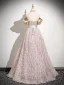 Fashion Blushing Pink Glitter Tassel Prom Dresses 2025 A-Line / Princess Off-The-Shoulder Bow Sash Backless Short Sleeve Floor-Length / Long Prom Formal Dresses