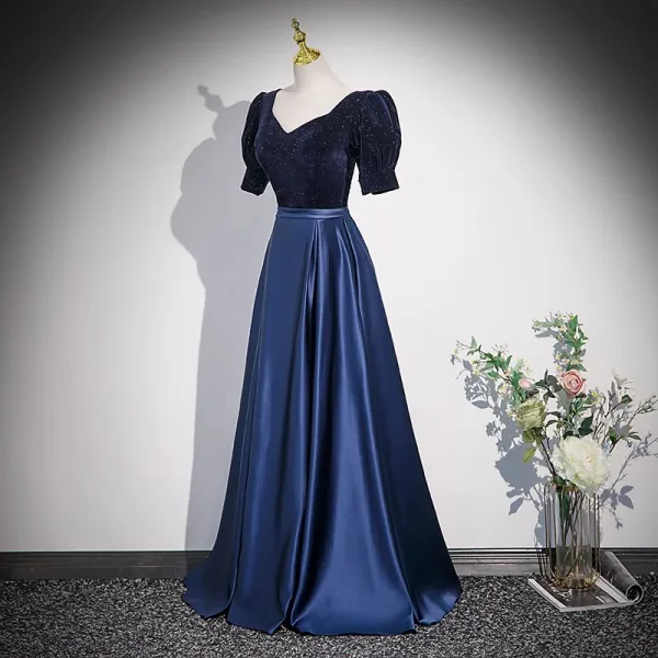 Vintage / Retro Navy Blue Sequins Satin Prom Dresses 2023 A-Line / Princess Square Neckline Short Sleeve Backless Floor-Length / Long Formal Dresses