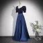 Vintage / Retro Navy Blue Sequins Satin Prom Dresses 2023 A-Line / Princess Square Neckline Short Sleeve Backless Floor-Length / Long Formal Dresses