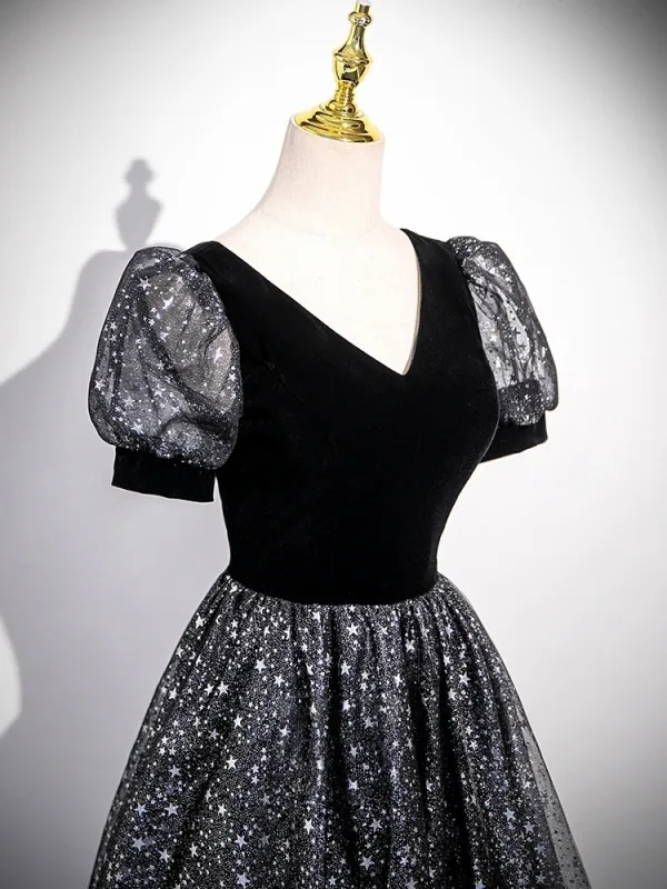 Bling Bling Black Star Sequins Prom Dresses 2025 A-Line / Princess V-Neck Short Sleeve Backless Floor-Length / Long Formal Dresses