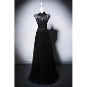 Vintage Originale Style Chinois Noire Perlage En Dentelle Fleur Cheongsam Robe De Soirée 2025 Princesse Col Haut Sans Manches Longue Soirée Cheongsam