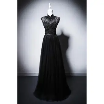Vintage Retro Chinese Style Black Beading Lace Flower Cheongsam Qipao Evening Dresses 2025 A Line Princess High Neck Sleeveless Floor Length Long Evening Party Cheongsam