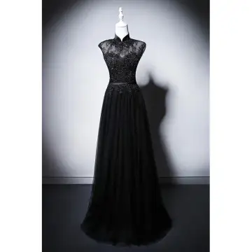 Vintage Retro Chinese Style Black Beading Lace Flower Cheongsam Qipao Evening Dresses 2025 A Line Princess High Neck Sleeveless Floor Length Long Evening Party Cheongsam