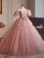 Chic / Beautiful Blushing Pink Beading Ruffle Prom Dresses 2025 Ball Gown Off-The-Shoulder Short Sleeve Backless Floor-Length / Long Prom Formal Dresses