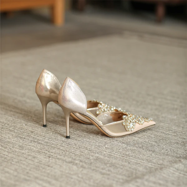 Chic / Beautiful Gold Rhinestone Wedding Shoes 2022 7 cm Stiletto Heels Pointed Toe Wedding Womens Shoes High Heels