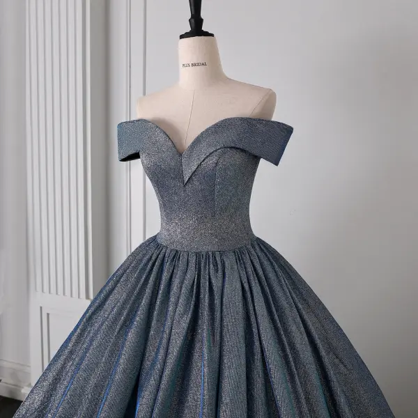 Chic / Belle Bleu Marine Glitter Robe De Bal 2026 Robe Boule De l'épaule Manches Courtes Dos Nu Longue Robe De Ceremonie