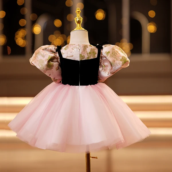 Chic / Beautiful Blushing Pink Short Birthday Flower Girl Dresses 2022 Ball Gown Scoop Neck Puffy Short Sleeve Bow Flower Girl Dresses